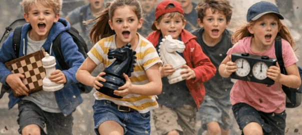 Kinderen die rennen met schaakstukken