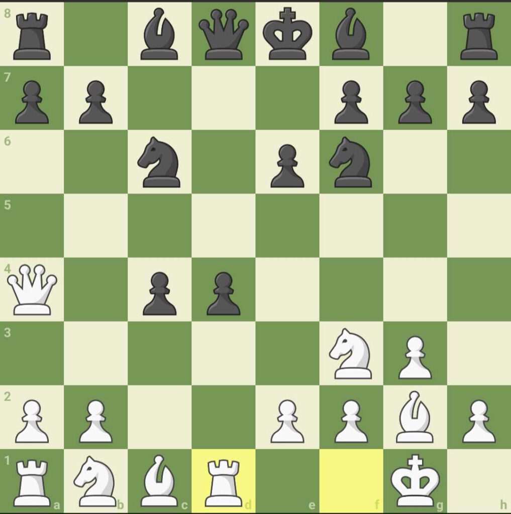 Met zet 8. Td1! sta ik twee pionnen achter, ben ik compleet uit theorie, maar ziet het er wel leuk uit,